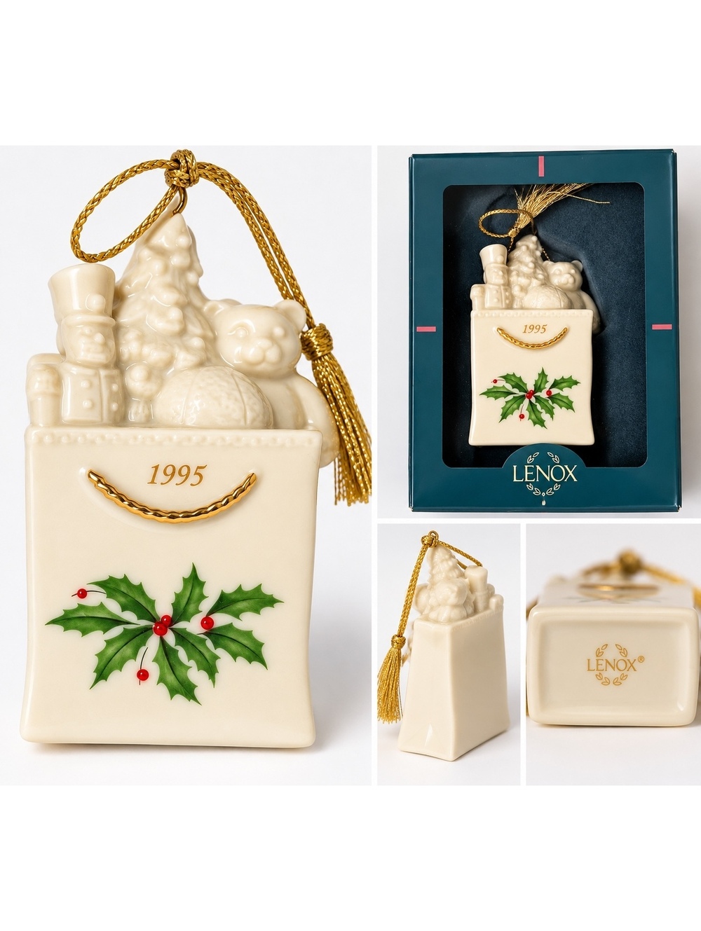 Lenox 1995 Christmas Shopping Bag Ornament Ivory Porcelain Gold Trim Vintage